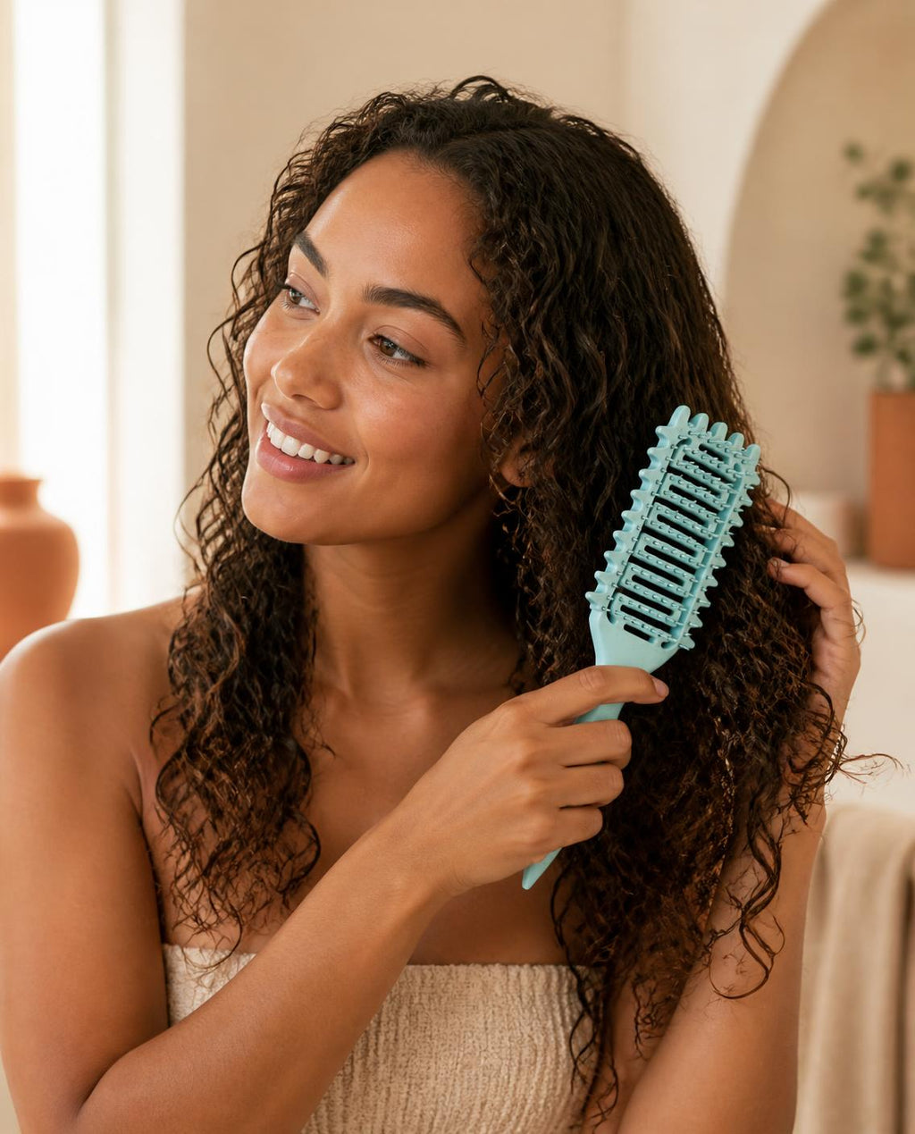 Femme aux cheveux bouclés utilisant la brosse Volute