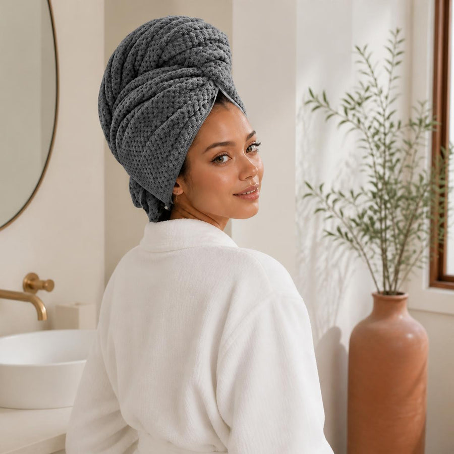 Serviette microfibre Volute portée en turban