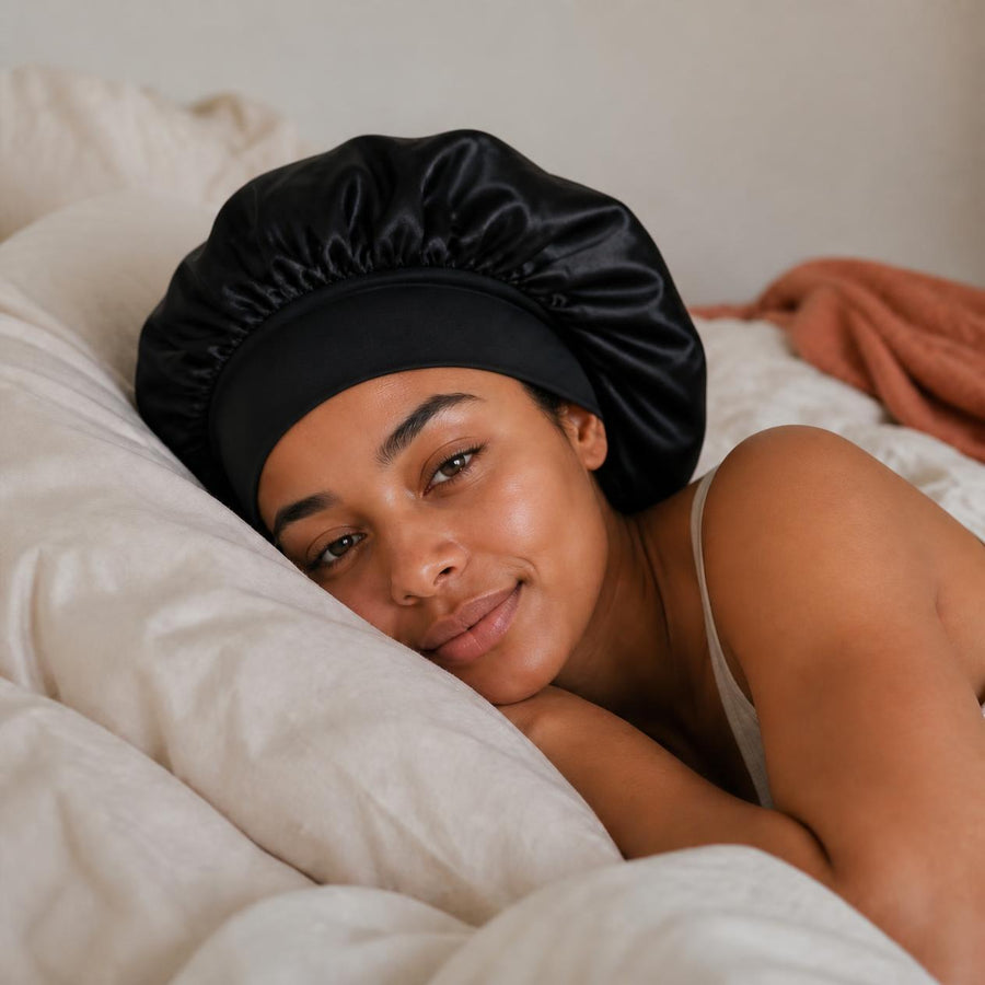 Bonnet en satin Volute porté la nuit